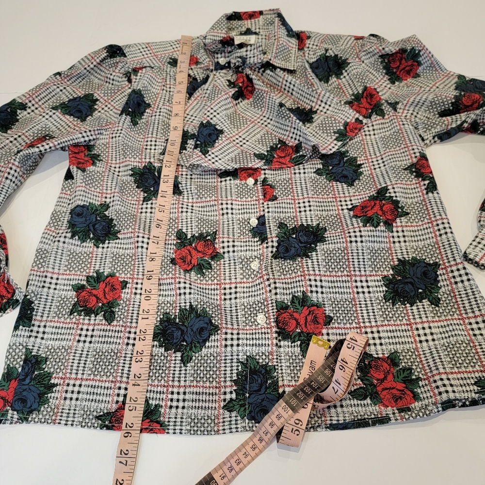 Vintage Leslie Fay Sportswear Floral Gingham Puff Sleeve Tie Button Up Top NWT! - Picture 9 of 16